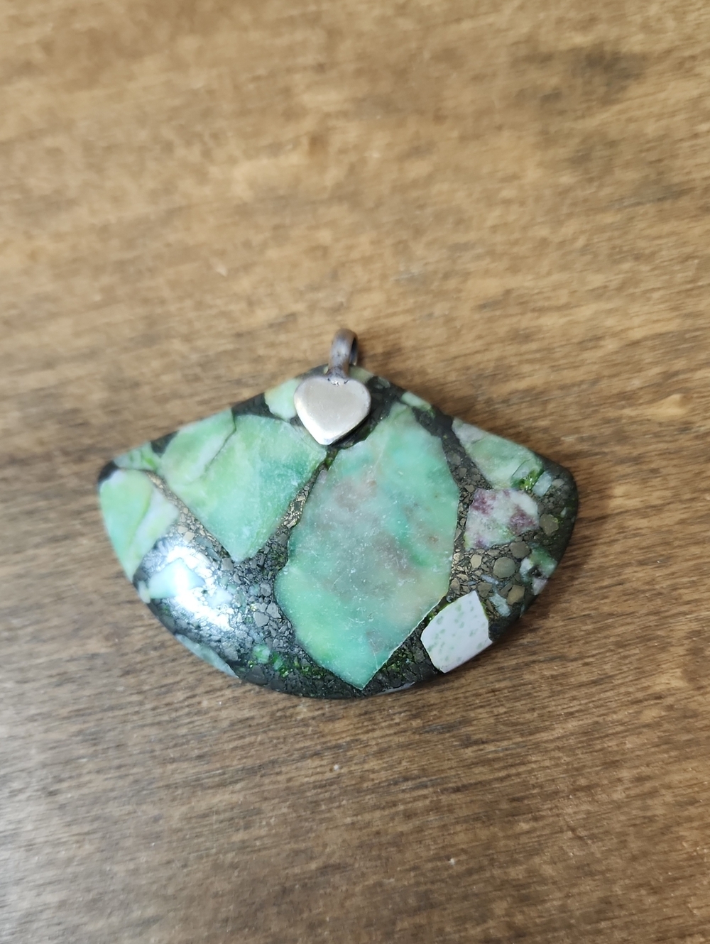 Green Mosaic Sea Sediment Jasper Pendant Necklace - Heart Bail